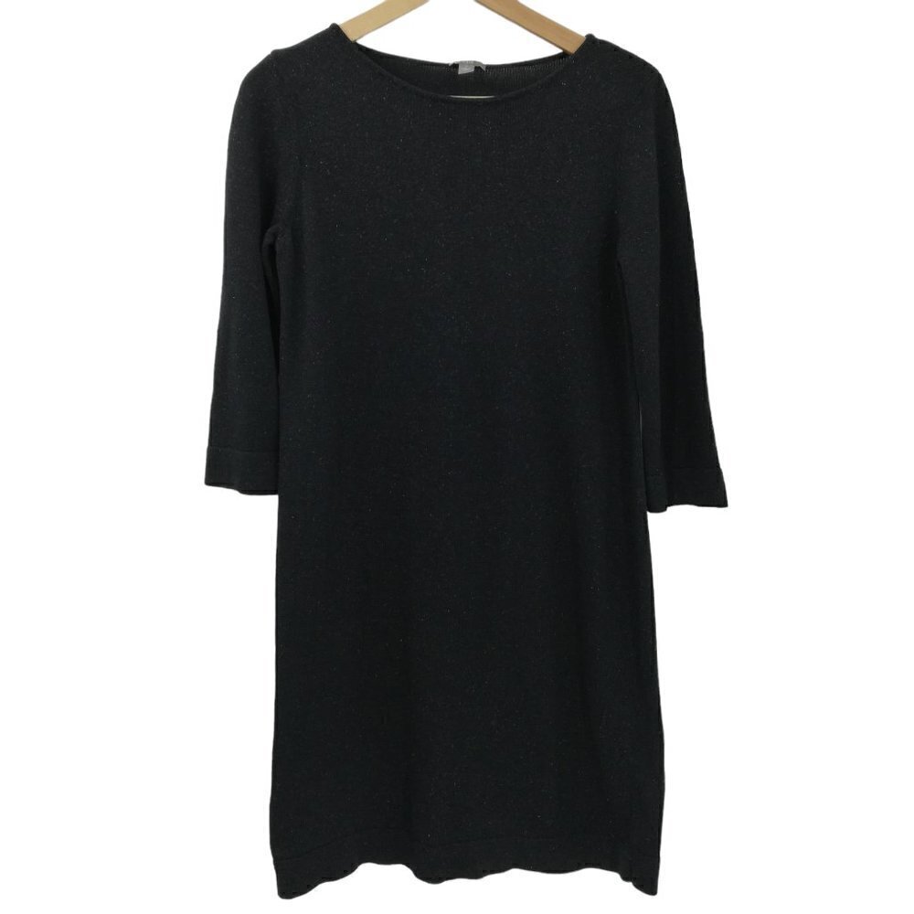 J Jill Gray Knit Sweater Dress 3/4 Sleeve Size S Silk Cotton Tweed Crew Neck